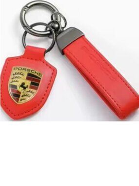 Porsche RED and Gold Keychain Pendant Red Leather Raised Metal Logo. NWT